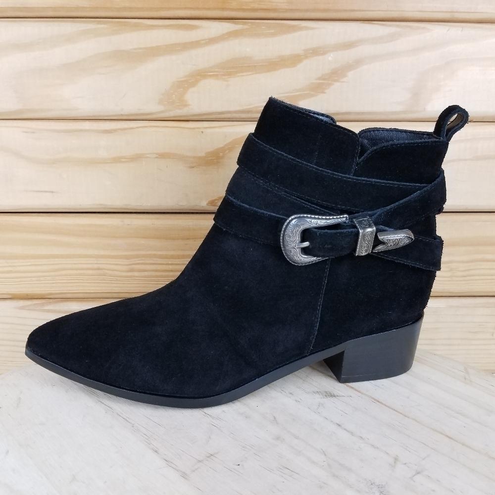 NEW Marc Fisher Yandi Ankle Boots 6.5 M Black Suede Leather Western Buckle Rodeo